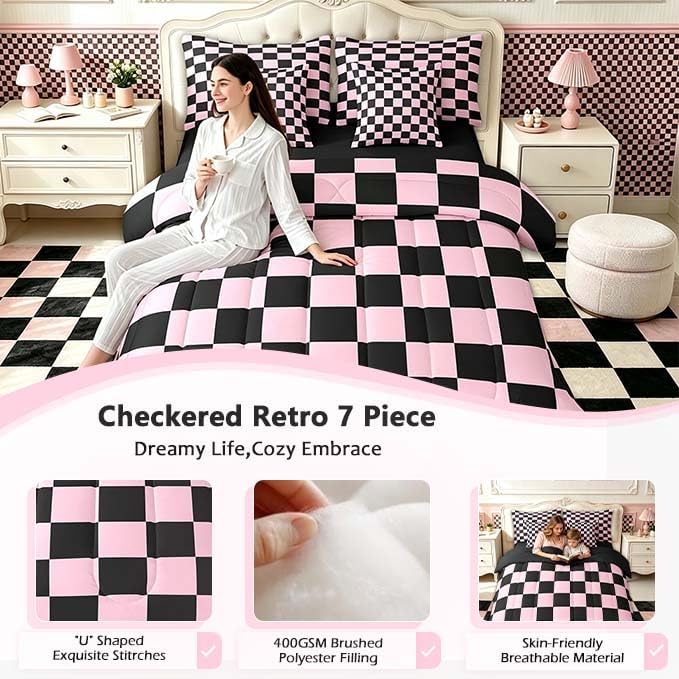 Feelyou Checkered 7 Piece Bedding Set Teen Pink Black Plaid Comforter Set with Sheets King Size Kids Boys Cute Retro Neutral Checkerboard Geometric Bed in a Bag Vintage Aesthetic Room Decor