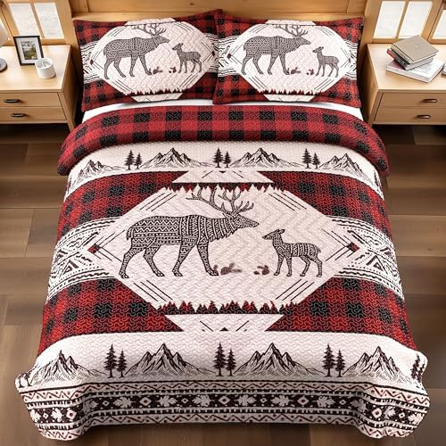 3 Piece Cabin King Size Quilt Sets Christmas Rustic Reversible Microfiber Soft Lightweight Farmhouse Bedspread Comforter with 2 Shams Patchwork Country Lodge Bedding for All Season, 106''x96'', Red