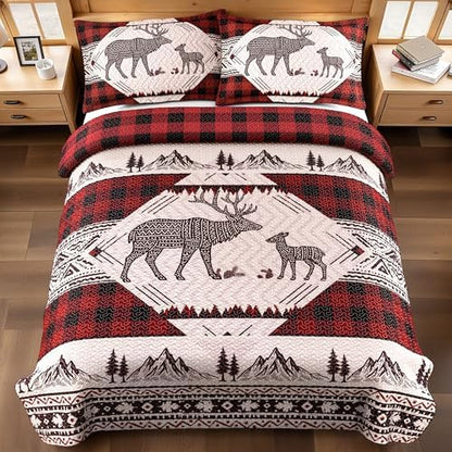 3 Piece Cabin King Size Quilt Sets Christmas Rustic Reversible Microfiber Soft Lightweight Farmhouse Bedspread Comforter with 2 Shams Patchwork Country Lodge Bedding for All Season, 106''x96'', Red