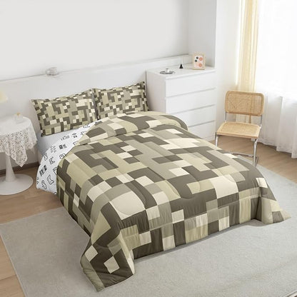 Pixelated Miners Blocks Kids Bedding Set King Size,Patchwork Square Video Games Comforter Set,Geometric Patchwork Grid Quilt Comforter,Light Gray Bedroom Duvet Insert,2 Pillowcases