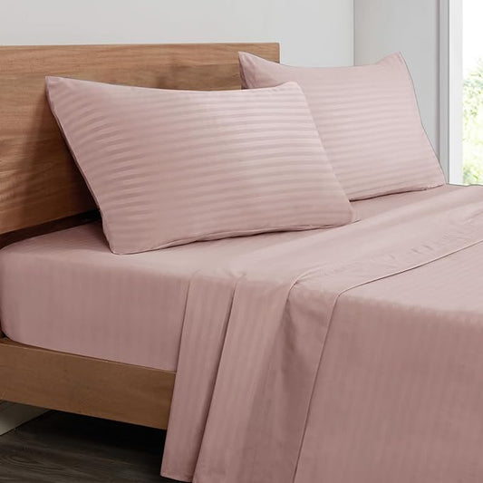 Mejoroom Striped Full Size Sheets – Extra Soft Full Size Bed Sheets - 16inches deep Pocket Full Sheet Set, Breathable, Wrinkle, Fade and Stain Resistant - 4 Piece (02-Dusty Pink)