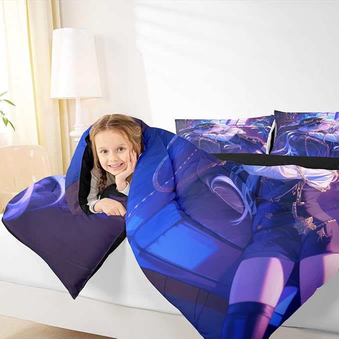 Erosebridal Anime Girl Comforter Set Twin Size Japanese Anime Bedding Set for Kids Boys Teens Women Bedroom Decor, Cartoon Girl Down Comforter Japanese Animation Kawaii Quilt, Purple