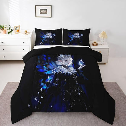 Erosebridal Gothic Girls Comforter Set for Kids Boys Girls A Girl Wearing A Crown Bedding Butterfly Diamond Feather Print Duvet Set Coquette Princess Comforter Full with 2 Pillowcases