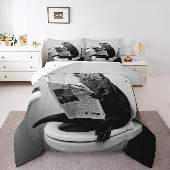Erosebridal Sea Otter Quilt Insert Queen Size Marine Animal Bedding Set for Kids Men Women Reading Newspaper Cute Kawaii White Beige Comforter Warm Soft Comforter Set