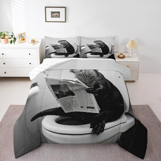 Erosebridal Sea Otter Quilt Insert King Size Marine Animal Bedding Set for Kids Men Women Reading Newspaper Cute Kawaii White Beige Comforter Warm Soft Comforter Set