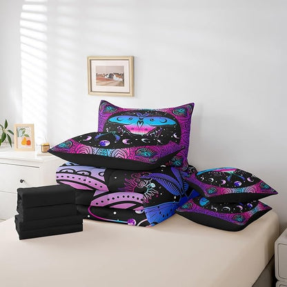 Erosebridal Exotic Moth Bed in a Bag King Size Comforter Set 7 Pieces,Sun and Moon Bedding Sets Bohemian Flowers Sheet Set with Comforter