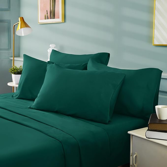 BYSURE 6 Pieces Bed Sheets Set(Full, Dark Forest Green) - Hotel Luxury Super Soft 1800 Thread Count 100% Microfiber Sheets with Deep Pockets, Wrinkle & Fade Resistant