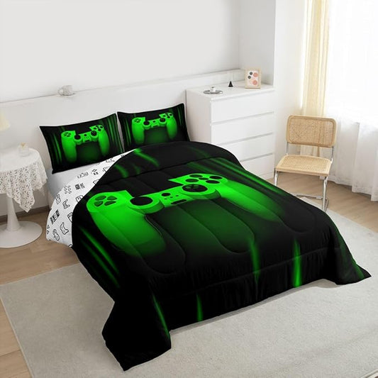 Feelyou Boys Gamer Comforter Set Toddler Size Bedding Set for Kids Gaming Comforter Green Black Video Games Gamepad Room Decor for Teens Child Super Soft Geometric Duvet Quilted Son Grandson Gift