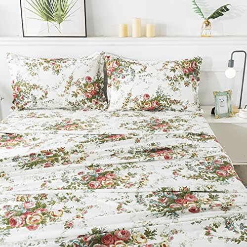 FADFAY Floral Sheet Set Full Cotton Vintage Rose Super Soft Garden Flower Bedding Hypoallergenic Girls Farmhouse Bedding White Deep Pocket Fitted Sheet 4-Pieces