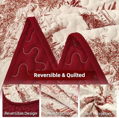 Drucon Queen Red Quilt Set,Christmas Toile Lightweight Bedspreads Coverlet Bedding Set,Soft Microfiber Quilt Bed Cover for All Season - 3 Piece (1 Quilt,2 Pillow Shams)