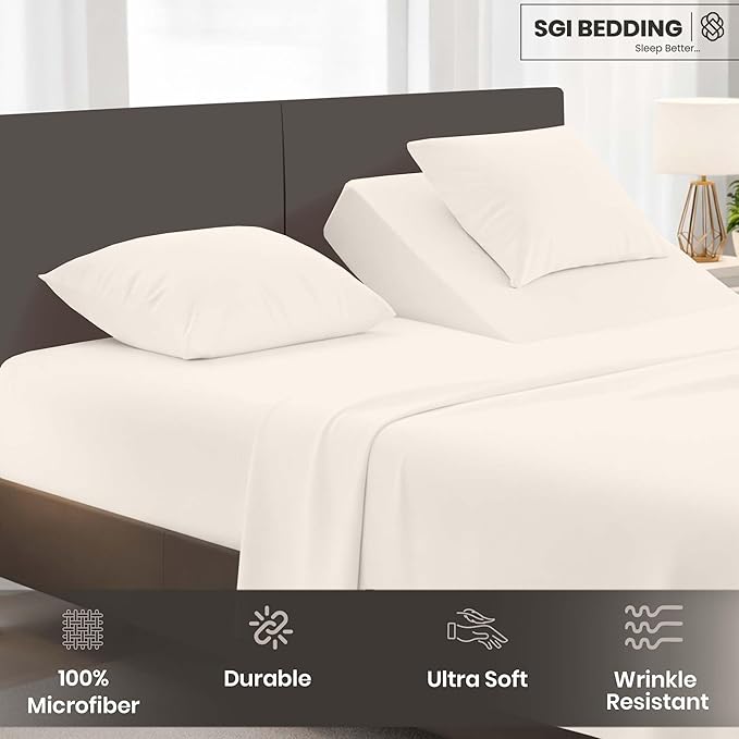 SGI bedding Adjustable Split Head Flex Top Cal King 34" Microfiber Sheet Set Ultra Soft, Cooling & Deep Pocket 15 Fitted, 4-Piece Breathable & Durable Bedding Set for Split Cal King Beds -Butter