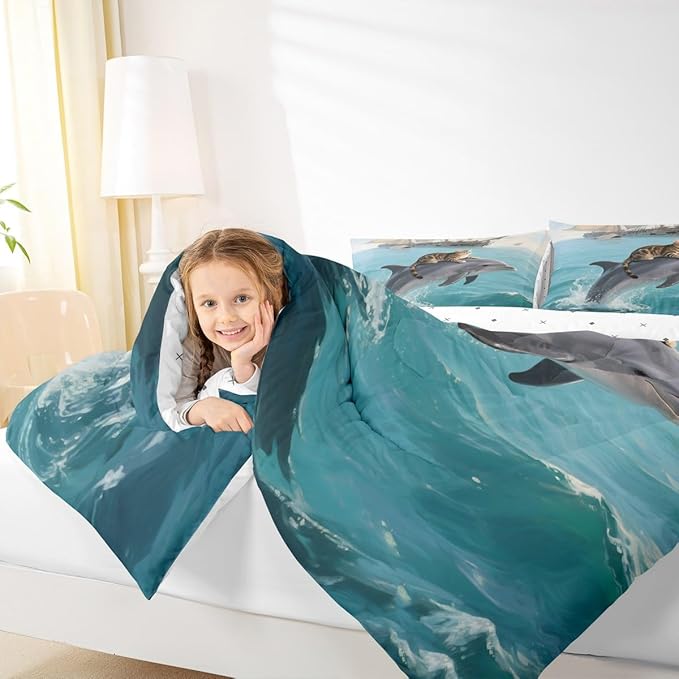 Erosebridal Kawaii Cat Comforter Set Full Size Dolphin Quilt Insert for Kids Girls Boys Cute Kitten Sea Waves Natural Ocean Blue Yellow Comforter Warm Soft Bedding Set