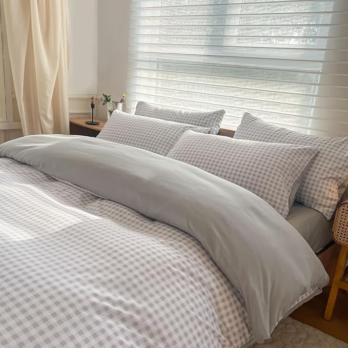 NSNLGSGC Twin Comforter Set, Light Gray Gingham Bedding Sets, Gray Grid Bed Comforter 2 Pieces (1 Comforter, 1 Pillowcase)