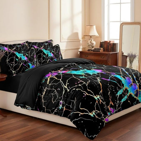 Black Comforter Set King Size, Abstract Marble Bedding Sets with Neon Gardient Texture, 3Pcs Soft Microfiber Quilted Comforter for All Season, 104"x90"