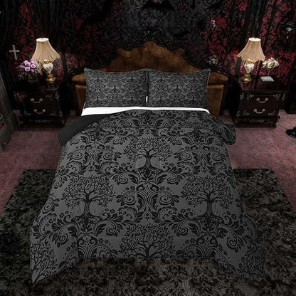 Feelyou Adults Gothic Comforter Set Full Size Dark Olive Green Damask Comforter Tree of Life Bohemia Boho Bedding Set Goth Duvet Set Vintage Victorian Baroque Floral Quilt Set 3Pcs