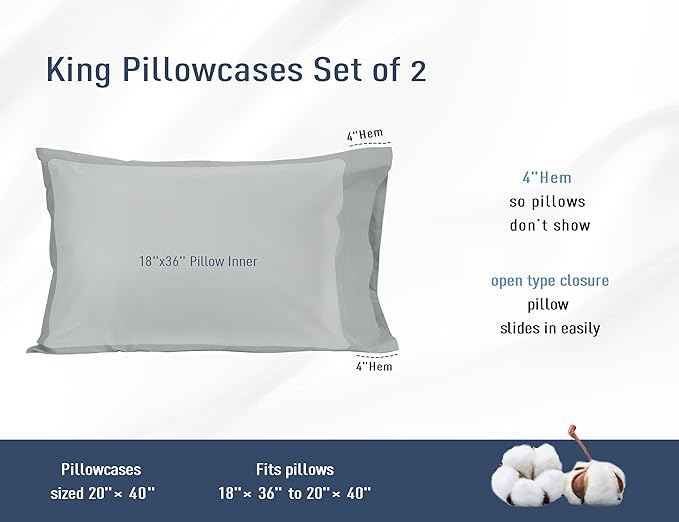 Pillow Cases, King Size Cotton Percale Weave Pillowcases, Pre-Shrunk Breathable and Hypoallergenic Pillowcases, Set of 2 (2 Piece King 20 Inch x 40 Inch, Storm Gray)