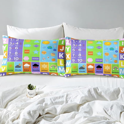 Alphabet Sheets Set King,Educational Weather Planets Number Decor Bedding Set for Youth Women Bedroom,Watercolor Patchwork Bed Set with Deep Pocket Fitted Sheet with 2 Pillow Case