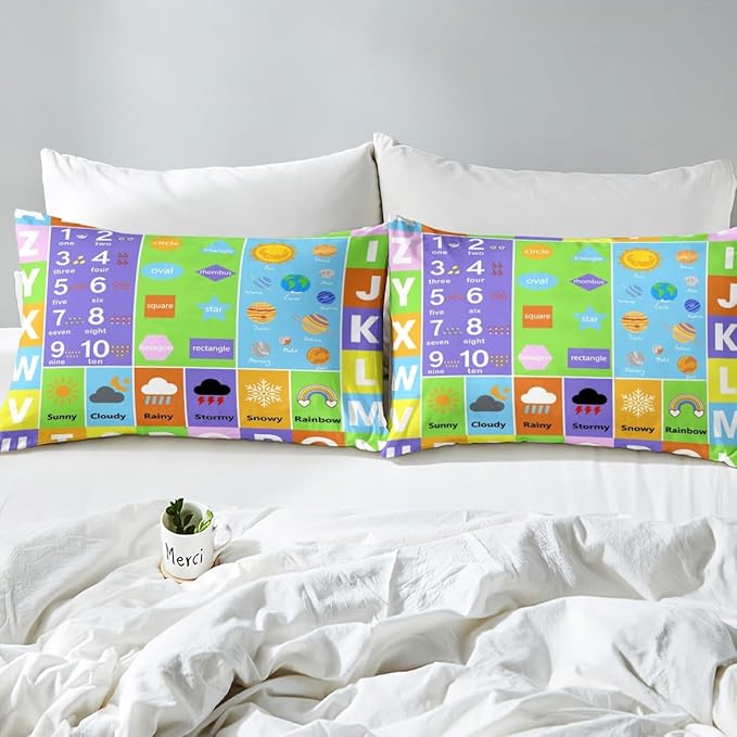 Castle Fairy Alphabet Bed Sheet Set Twin Size,Educational Weather Planets Number Sheet Set Kids Teens,Watercolor Patchwork Bedding Decor Set with 1 Flat & 1 Fitted Sheet with 1 Pillow Sham