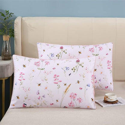 WINLIFE 100% Cotton Pillowcases Standard Size Pink Floral Bees Printed Pillow Cover 2 Pack, Super Soft Envelope Closure Pillow Case (Standard, 20"x26")
