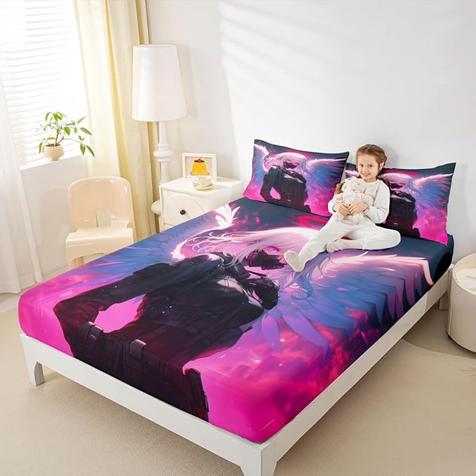 Erosebridal Twin Japanese Anime Bedding Set Anime Girl Fitted Sheet for Kids Girls Teens Men Bedroom, Cartoon Girl Bed Sheets Kawaii Japanese Animation Sheets 2 Piece with 1 Pillow Case