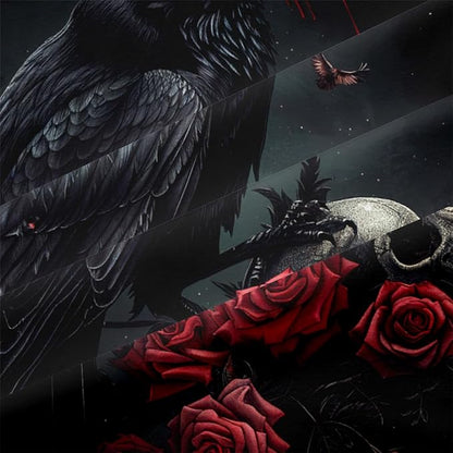 Black Crow Red Rose Skull Comforter Set Queen Size Halloween Gothic Roses Skeleton Bedding Set Holiday Decoration Bedding Black Floral Bird Down Comforters Soft Microfiber Comforter Sets