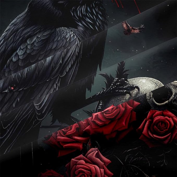 Black Crow Red Rose Skull Comforter Set King Size Halloween Gothic Roses Skeleton Bedding Set Holiday Decoration Bedding Black Floral Bird Down Comforters Soft Microfiber Comforter Sets