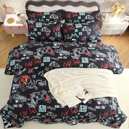 SDY 7PCS Full Size Gaming Bedding Set - Soft Video Game Comforter Set for Boys, Girls & Kids, Gamer Themed Bed Set with Comforter, Sheets & Pillowcases