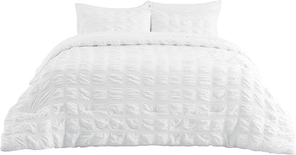 Bedsure Plaid Seersucker Comforter Sets Full Size Bed 7 Piece, Soft Lightweight White Bedding All Season Full Bed in a Bag Set with Comforters, Sheets, Pillowcases & Shams