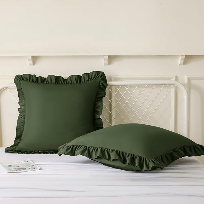 KKJIAF Ruffle Pillow Cases 18x18 Inches, Olive Green Square Ruffled Pillow Covers Set of 2, Microfiber Wrinkle Resistant Pillow Shams with Envelope Closure for Sofa Bed Living Room