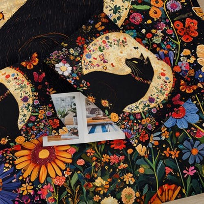 Black Cat Bedding Cartoon Cat Comforter Set Queen，Floral Bedding Queen Size Bed ，with 1 Comforter with 2 Pillow Case