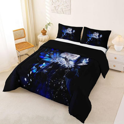Erosebridal Gothic Girls Comforter Set for Kids Boys Girls A Girl Wearing A Crown Bedding Butterfly Diamond Feather Print Duvet Set Coquette Princess Comforter King with 2 Pillowcases