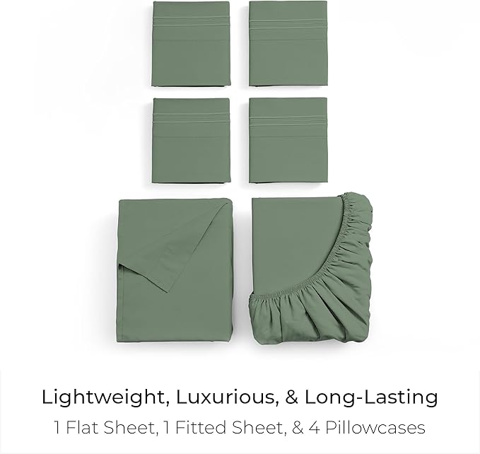 Mellanni Queen Sheet Set - 6-Piece Iconic Collection Bedding, (Including 4 Pillowcases), 21-Inch Extra Deep Pocket, Easy Care, Ultra Soft, Cooling Sheets, Brushed Microfiber - Sage