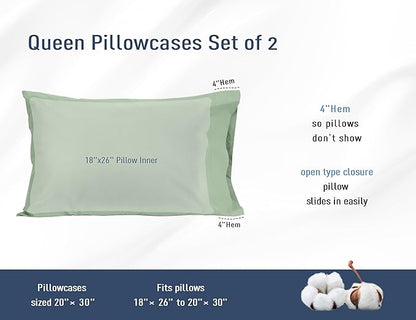 Pillow Cases, Standard Queen Size Cotton Percale Weave Pillowcases, Pre-Shrunk Breathable and Hypoallergenic Pillowcases, Set of 2 (2 Piece Standard/Queen 20 Inch x 30 Inch, Sage Green)