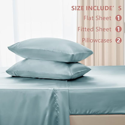CozyLux Satin Sheets Full Size Sheets - 4 Piece Silky Full Size Bed Sheets, Luxury Light Blue Full Bed Set with Smooth and Soft Microfiber, Includes 1 Fitted Sheet, 1 Flat Sheet and 2 Pillowcases
