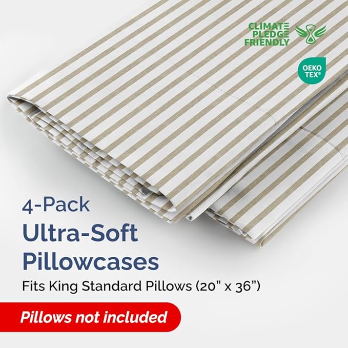 King Standard Pillow Cases Set of 4 - Soft Hotel Quality Pillowcase Covers - Comfy Bedding for Women, Men, Kids & Teens - Machine Washable Pillow Protectors - 4 Piece Set - King Standard Beige Stripes