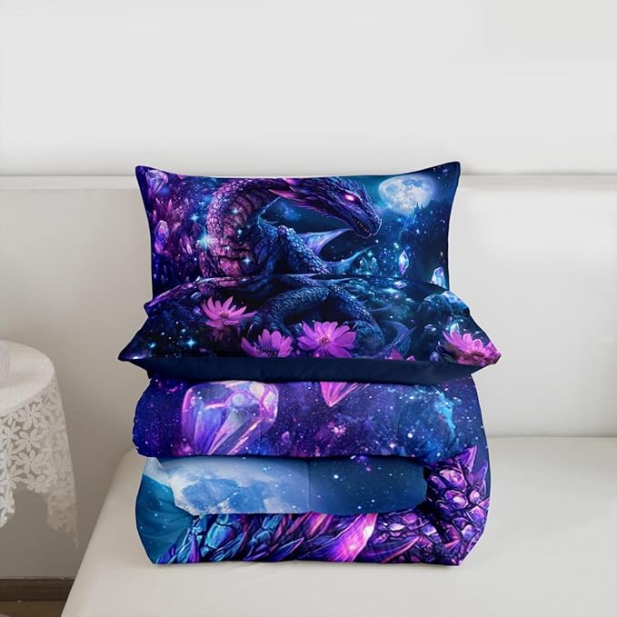 Feelyou Dragon Comforter Set All Season Dragon Stuff Bedding Set with 1 Pillow Cases Wild Life Kids Twin Bedclothes Magic Wildlife Bedroom Decor Purple and Blue Duvet Quilt Breathable Soft