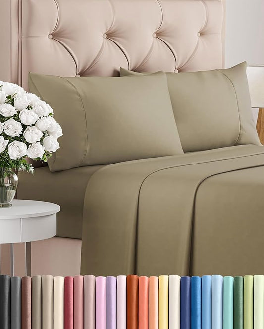 Twin XL 4 Piece Sheet Set - Comfy Breathable & Cooling - Ultra Soft Hotel Luxury Bedding Set w/ 8-16 Inch Deep Pockets - 1 Flat & 1 Fitted Sheet & 2 Pillowcases - Wrinkle Free and Easy Care - Khaki
