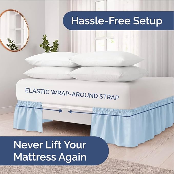 Wrap Around Dust Ruffle Bed Skirt - Sky Blue - for King Size Beds w/ 12 Inch Drop - Easy Fit Elastic Strap - Adjustable Pleated Bedskirt w/Brushed Fabric - Wrinkle Free, Women, Men, Kids & Teens