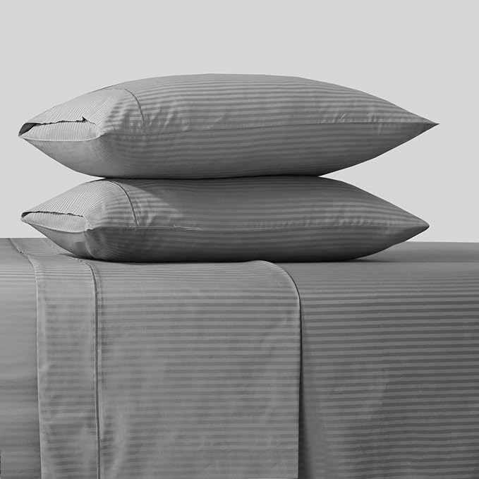 Feather & Stitch 500 TC Split King Size Sheet Set, 5 Piece Bed Sheets Set-2 Twin Fitted Sheet, 1 King Flat Sheet & 2 King Pillowcases, 18" Deep Pockets Sateen Weave Striped Bedsheet - (Grey Stripe)