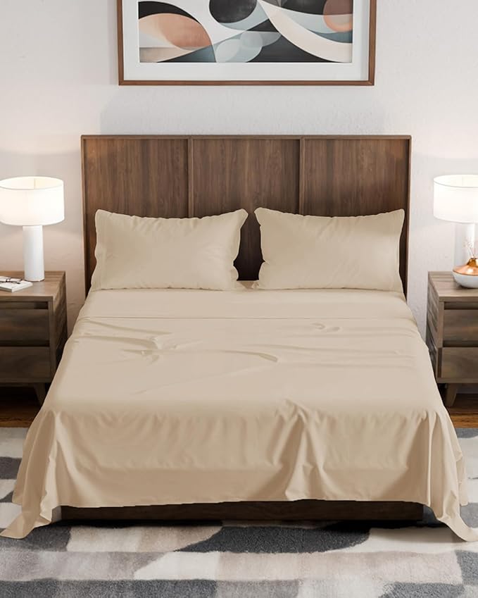 Olympic Queen Sheet Set 66x80 - 4 Piece RV Olympic Queen Size Sheets - Ultra-Soft, Breathable & Cooling - Fits 14” to 16" Mattress w/ Deep Pockets - Comfy Luxury Bedding - Fade & Wrinkle Free - Wheat