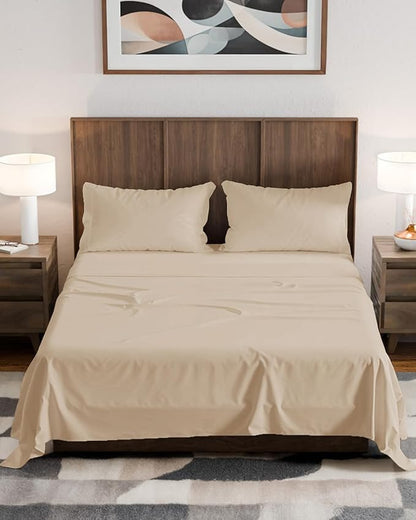 Olympic Queen Sheet Set 66x80 - 4 Piece RV Olympic Queen Size Sheets - Ultra-Soft, Breathable & Cooling - Fits 14” to 16" Mattress w/ Deep Pockets - Comfy Luxury Bedding - Fade & Wrinkle Free - Wheat