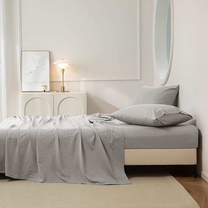 JIYUAN Queen Size Sheet Set, 4-Piece - 100% Washed Cotton, Linen-Like Soft & Breathable, Includes Deep Pocket Fitted & Flat Sheet with 2 Pillowcases, Hotel Quality, Heathered Pastel Grey