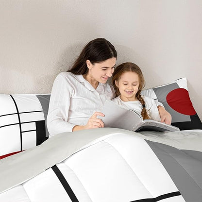 Erosebridal White Black Red Striped Toddler Comforter Boho Modern Geometric Abstract Bedding Set Stripes Lines Duvet Insert Minimalist Square and Circle Bed Sets
