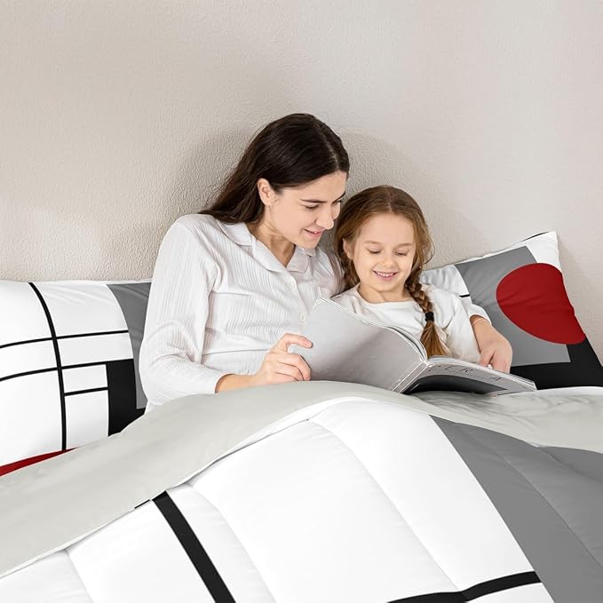 Erosebridal White Black Red Striped King Bedding Set Boho Modern Geometric Abstract Comforter Set for Adult Women Men Stripes Lines Bed Collections Minimalist Square and Circle Quilt Sets