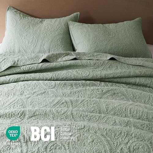 PALASSIO Sage Green Paisley 100% Cotton Quilt King Size Bedding Sets with 2 Pillow Shams, Boho Floral Lightweight Farmhouse Country Vintage Soft Bedspread Shabby Chic Coverlet for All Season, 3 Pieces