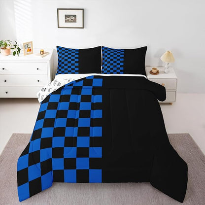 Geometric Check Kids Bedding Set King Size,Video Games Plaid Lattice Comforter Set，Modern Grid Simple Quilt Comforter,Black Blue Bedroom Duvet Insert,2 Pillowcases
