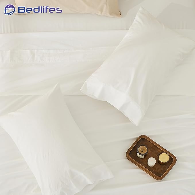 Bedlifes 100% French Pure Linen Sheets California King Size Breathable and Cooling Flax Sheet Set Soft Durable and Moisture Wicking 16 Inch Deep Pocket-4 Piece(Cal King,White)