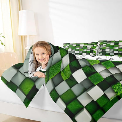 Pixelated Miners Game Comforter Set Full Size,Video Games Cartoon Gamepad Kids Bedding Set,Modern Geometric Check Quilt Comforter,Green White Duvet Insert,2 Pillowcases