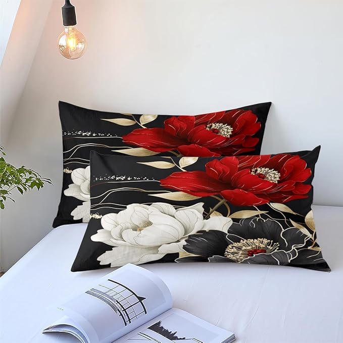 Vintage Floral Comforter Set King Size Red Black White Botanical Flower Bedding Set 3 Piece Gold Leaf Bedding for Women Elegant Flowers Comforters Soft Down Alternative Comforter Sets