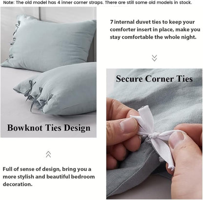 Simple&Opulence 100% Linen Duvet Cover Set 3pcs with Bowknot Ties Closure Natural French Washed Flax Solid Color Soft Breathable Farmhouse Bedding - Dusty Blue, Queen Size